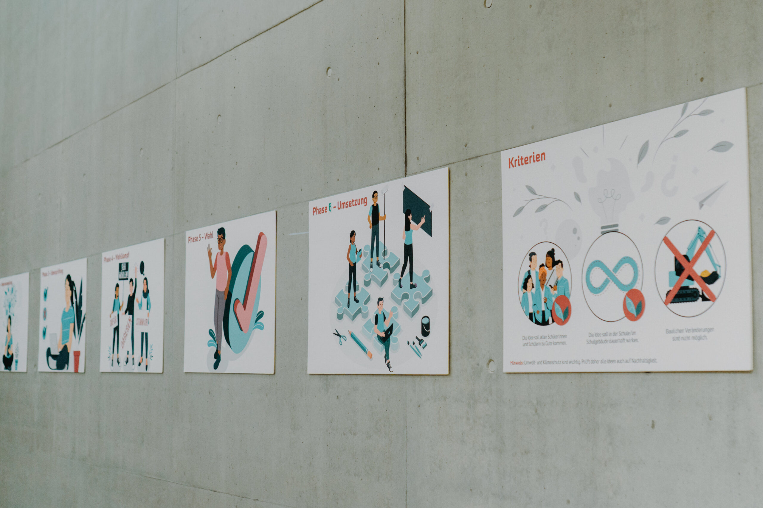 bunte Plakate hängen an einer Betonwand