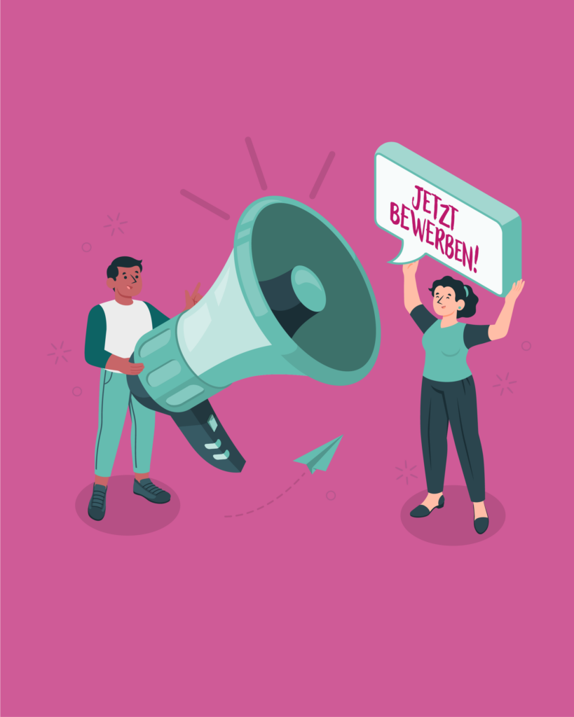 Ausschreibung. Eine Person hält ein Mikrifon hoch.