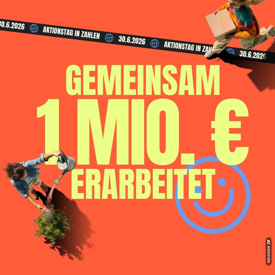 Das Bild bezieht sich auf das Ergebnis des genialsozial Aktionstages und enthält den Text "Gemeinsam 1 Mio Euro erarbeitet"